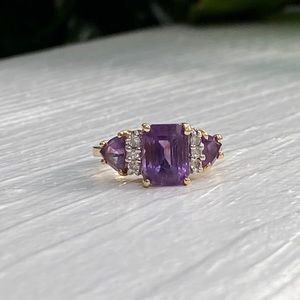 3 Stone Amethyst & Diamond 14k Solid Gold Ring